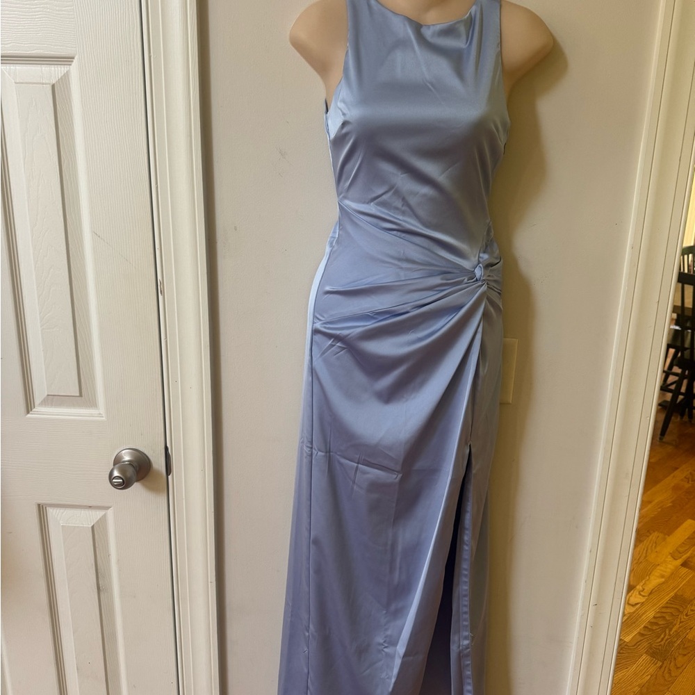 Abercrombie & Fitch Light Blue Satin Ruched Prom Dress with Thigh Slit